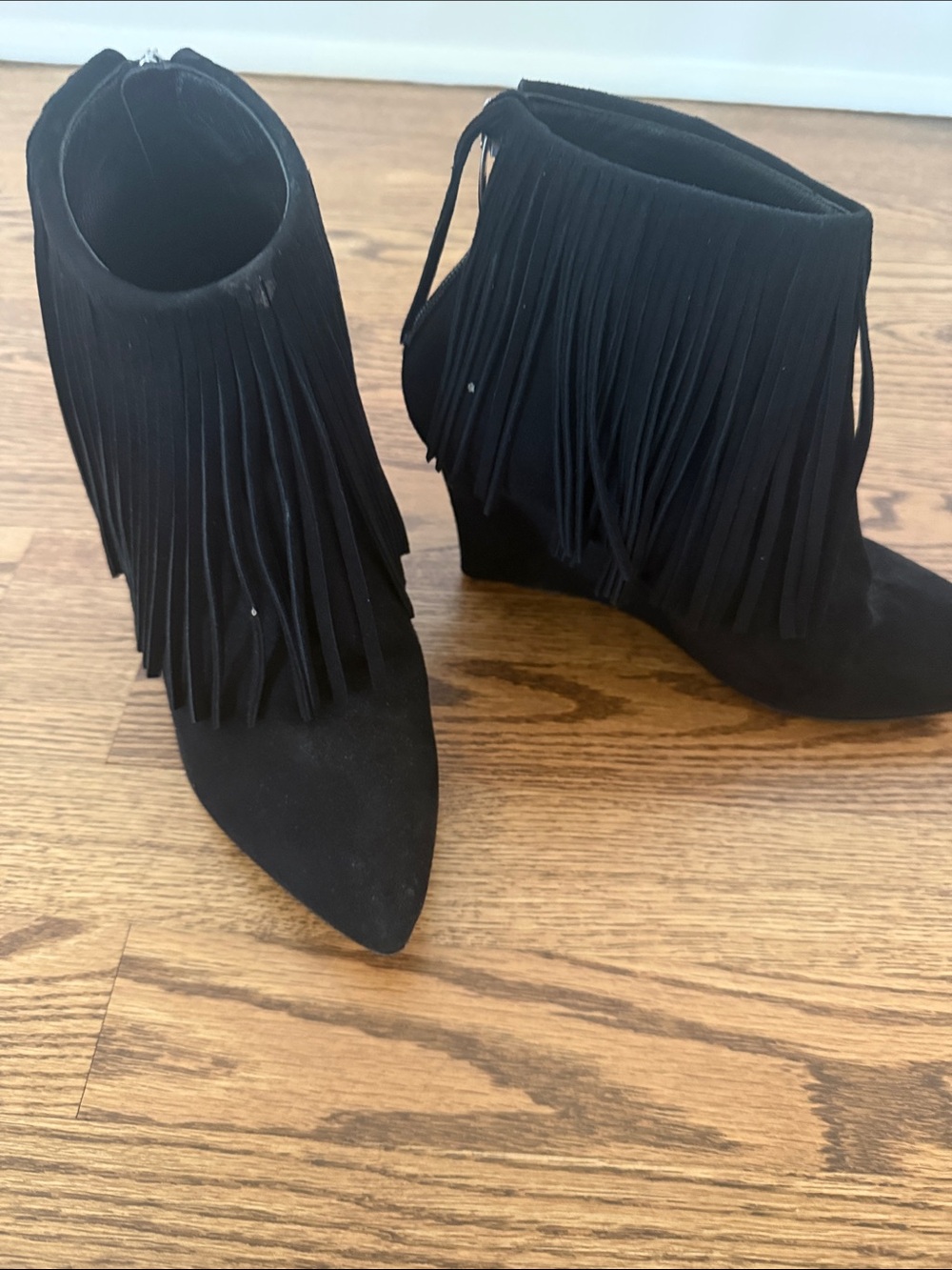 Elyse Walker Women's Black Fringe Ankle Booties with Pointed Toe